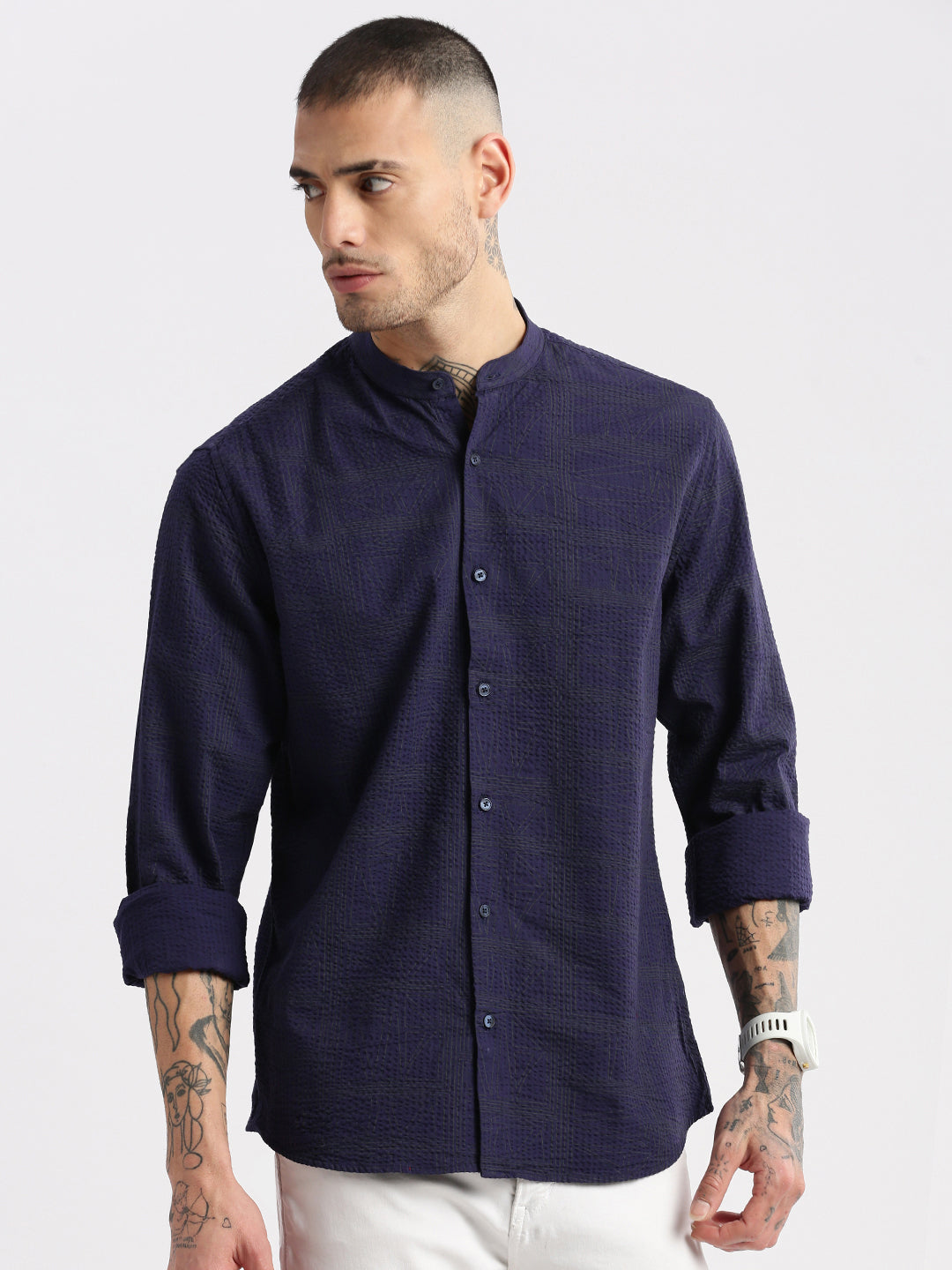 Men Mandarin Collar Geometric Navy Blue Casual Shirt