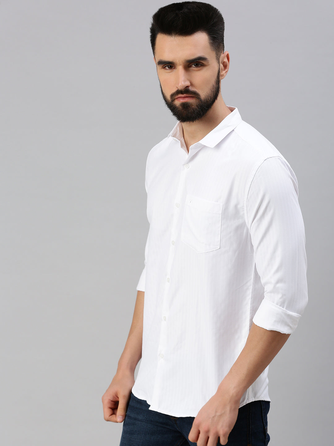 Men White Self Design Casual Shirt