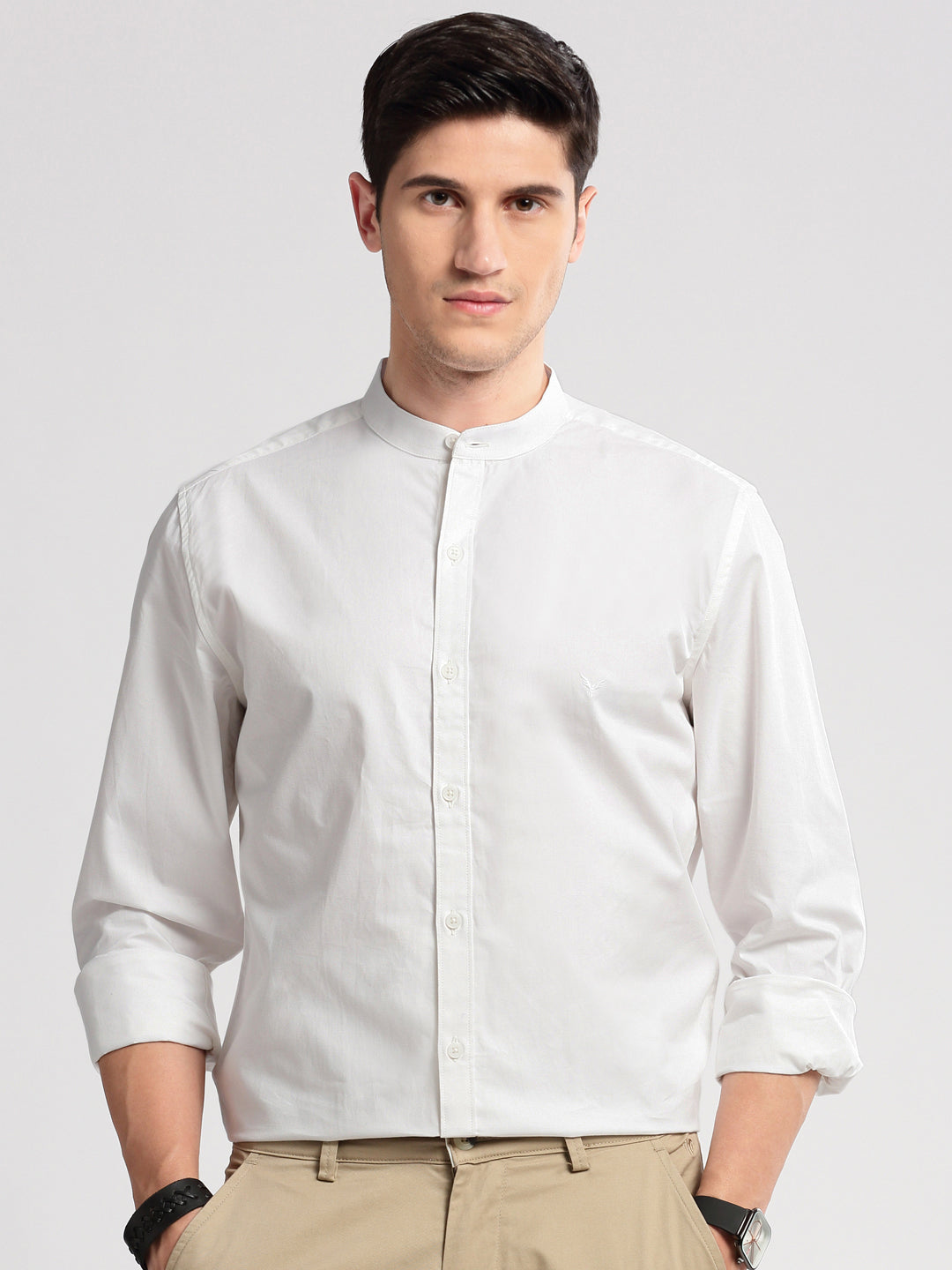 Men Mandarin Collar Solid White Casual Shirt
