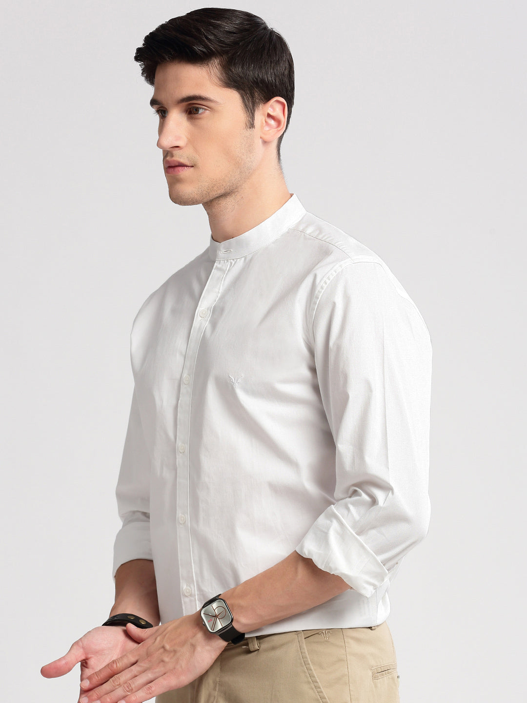 Men Mandarin Collar Solid White Casual Shirt
