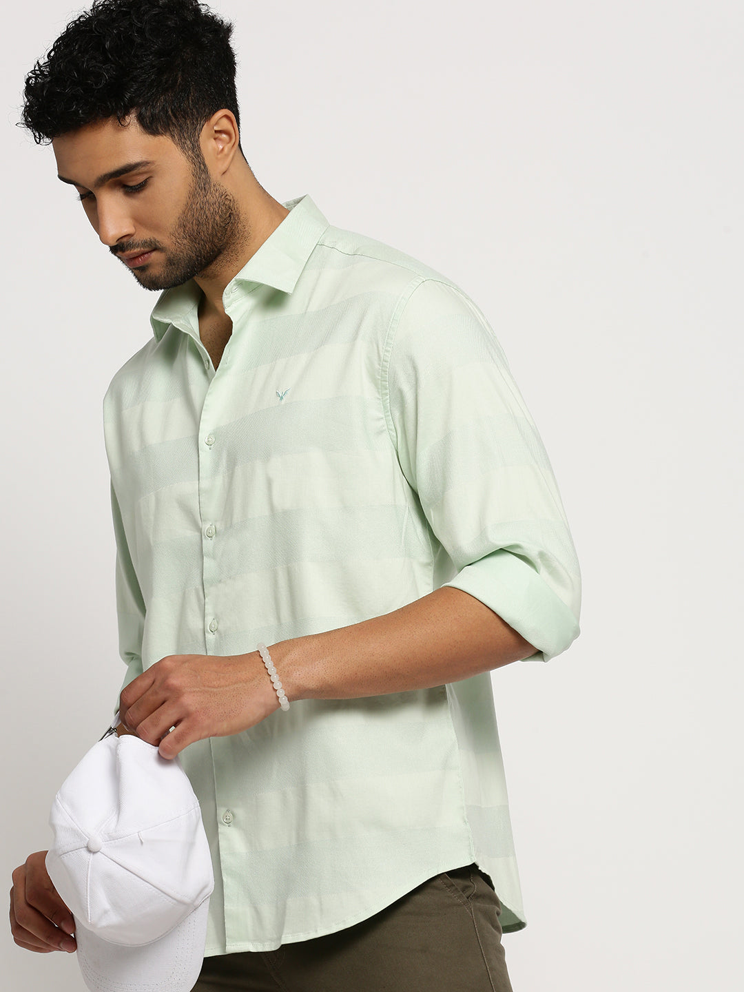 Men Sea Green Spread Collar Solid Shirt