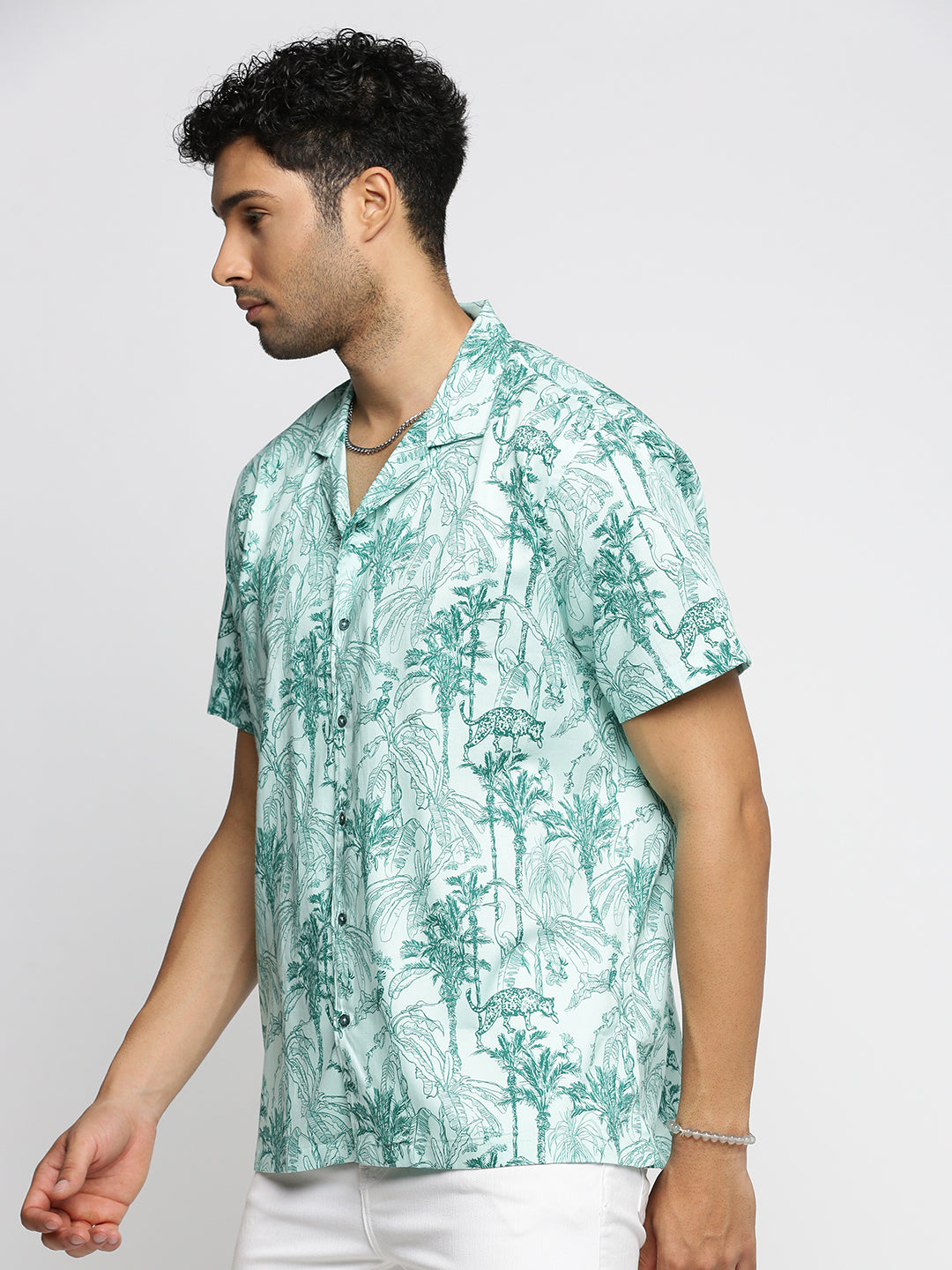 Men Sea Green Cuban Collar Animal Shirt
