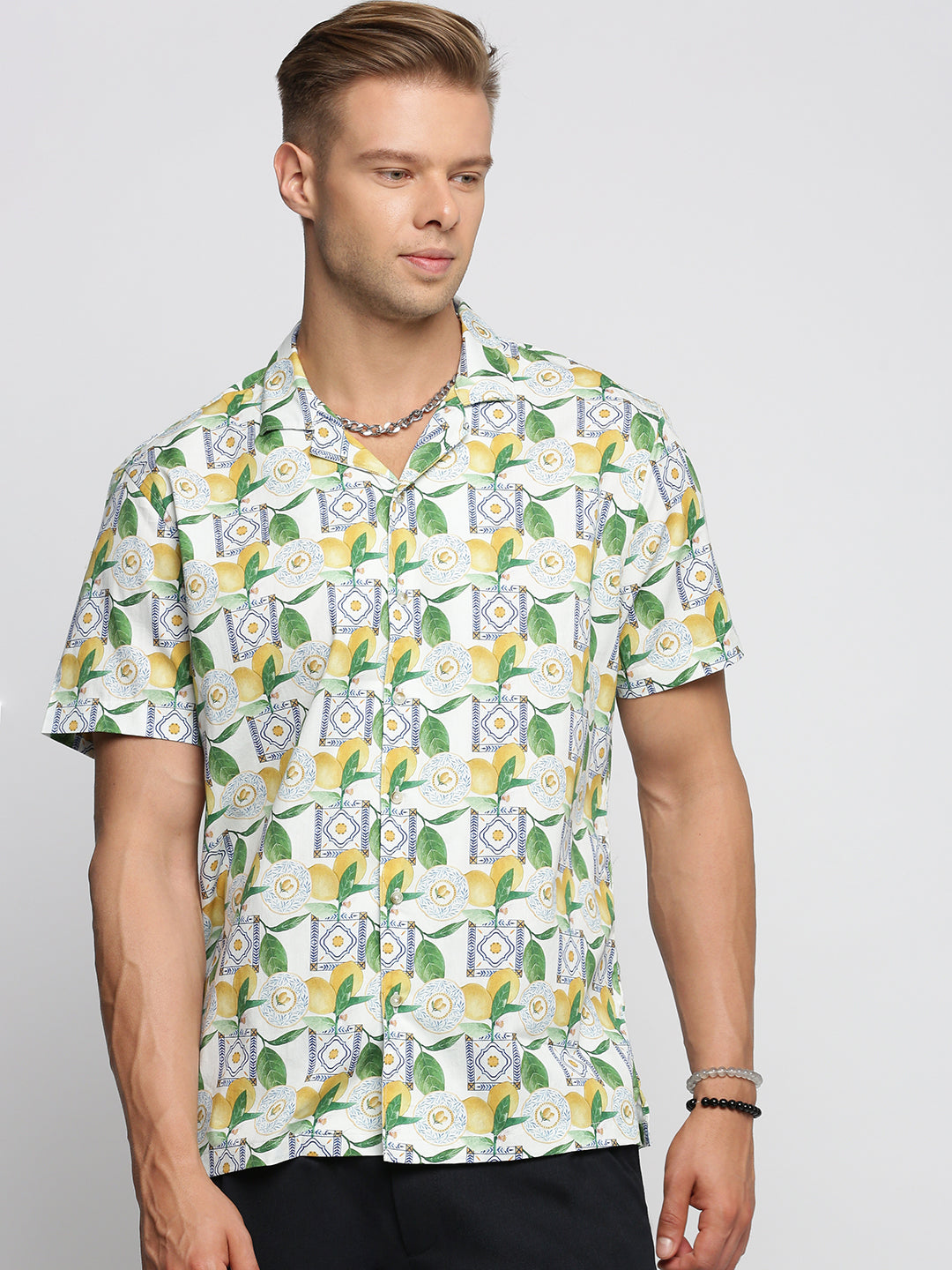 Men Green Cuban Collar Graphic Shirt