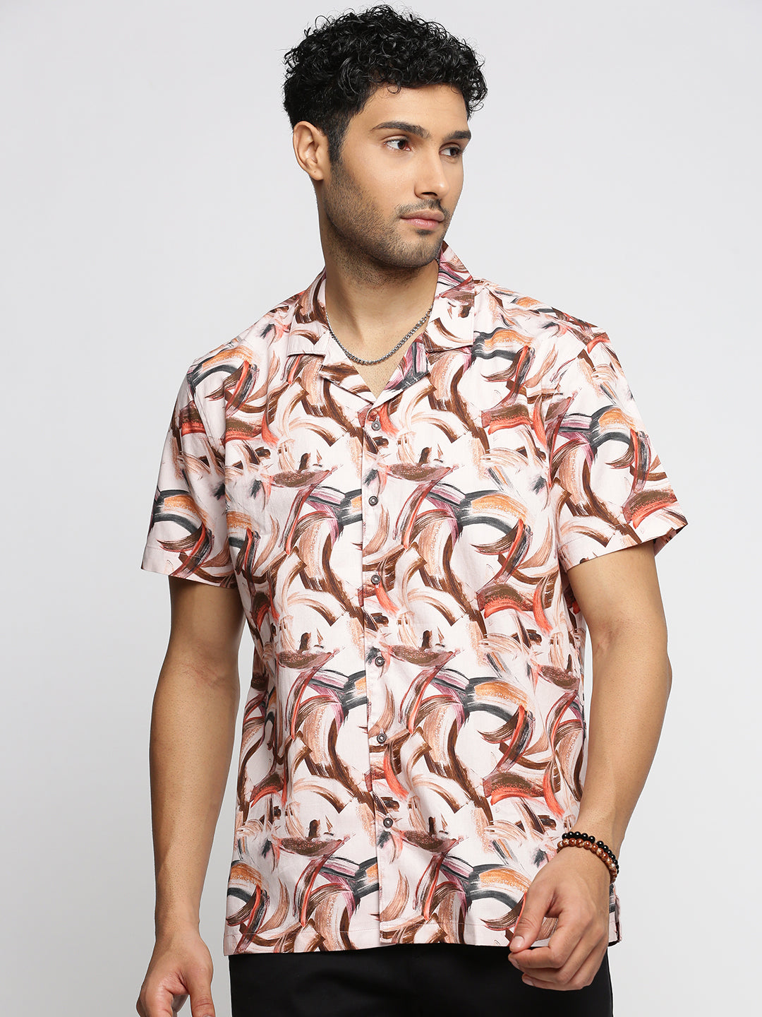 Men Peach Cuban Collar Abstract Shirt