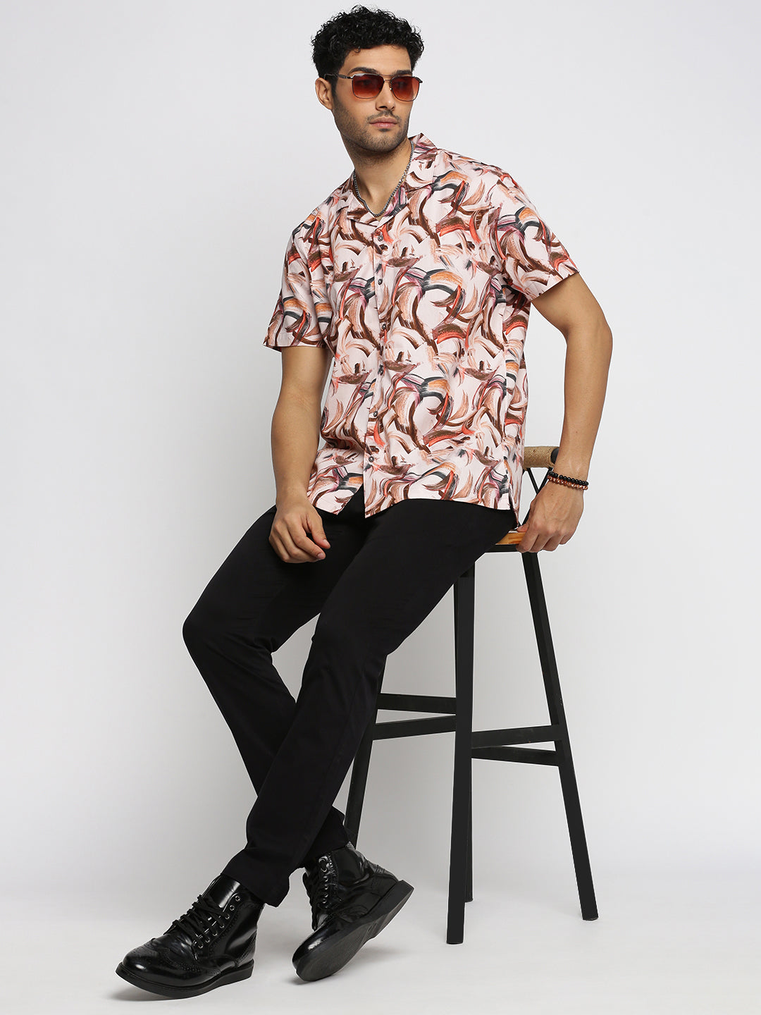 Men Peach Cuban Collar Abstract Shirt