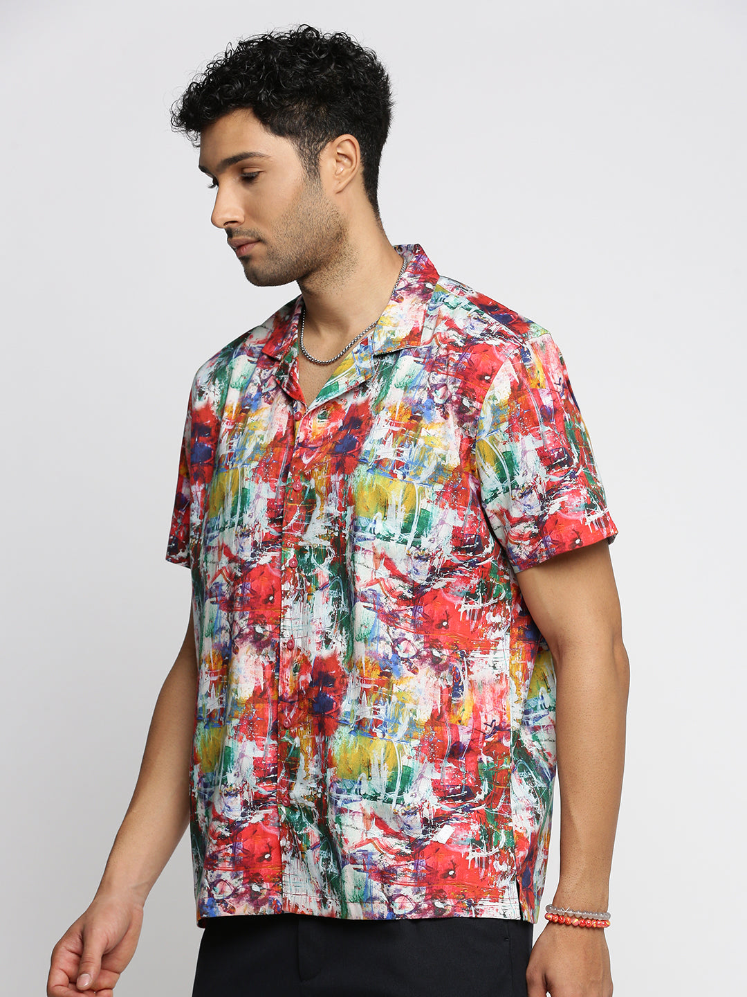 Men Coral Cuban Collar Abstract Shirt