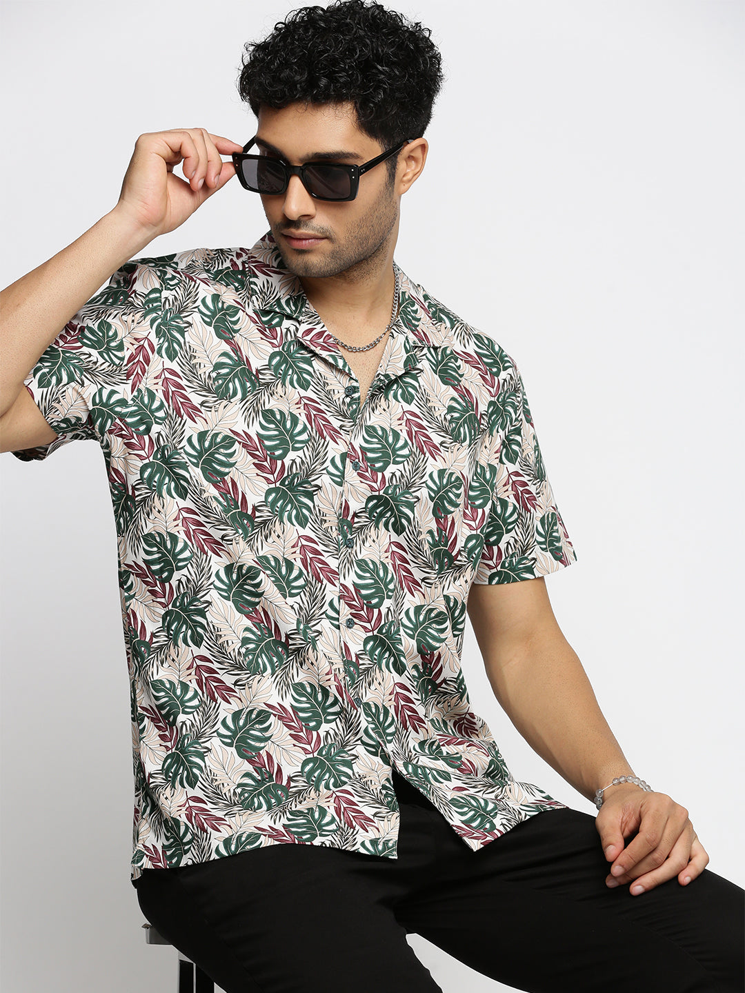 Men Green Cuban Collar Floral Shirt