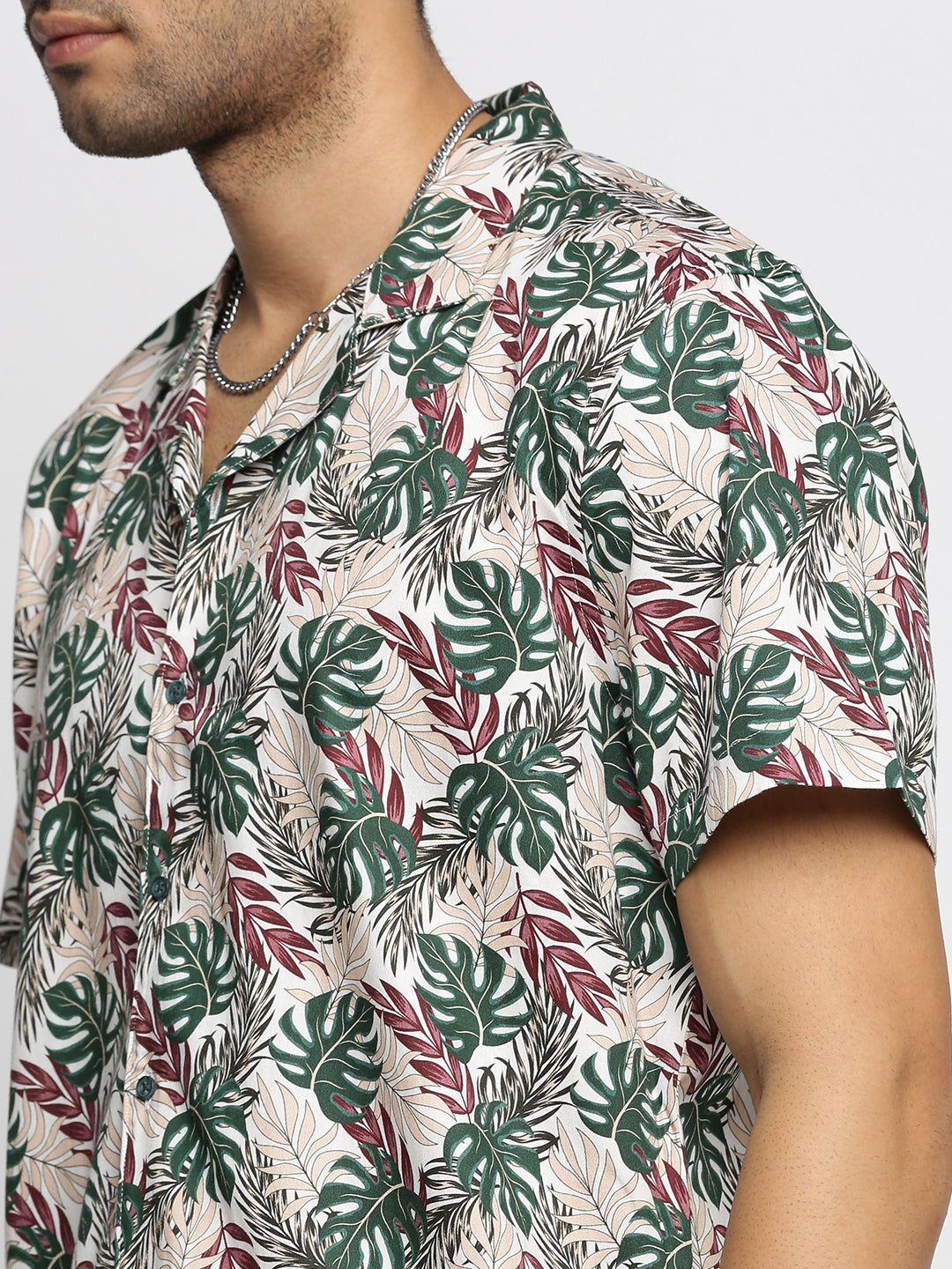 Men Green Cuban Collar Floral Shirt