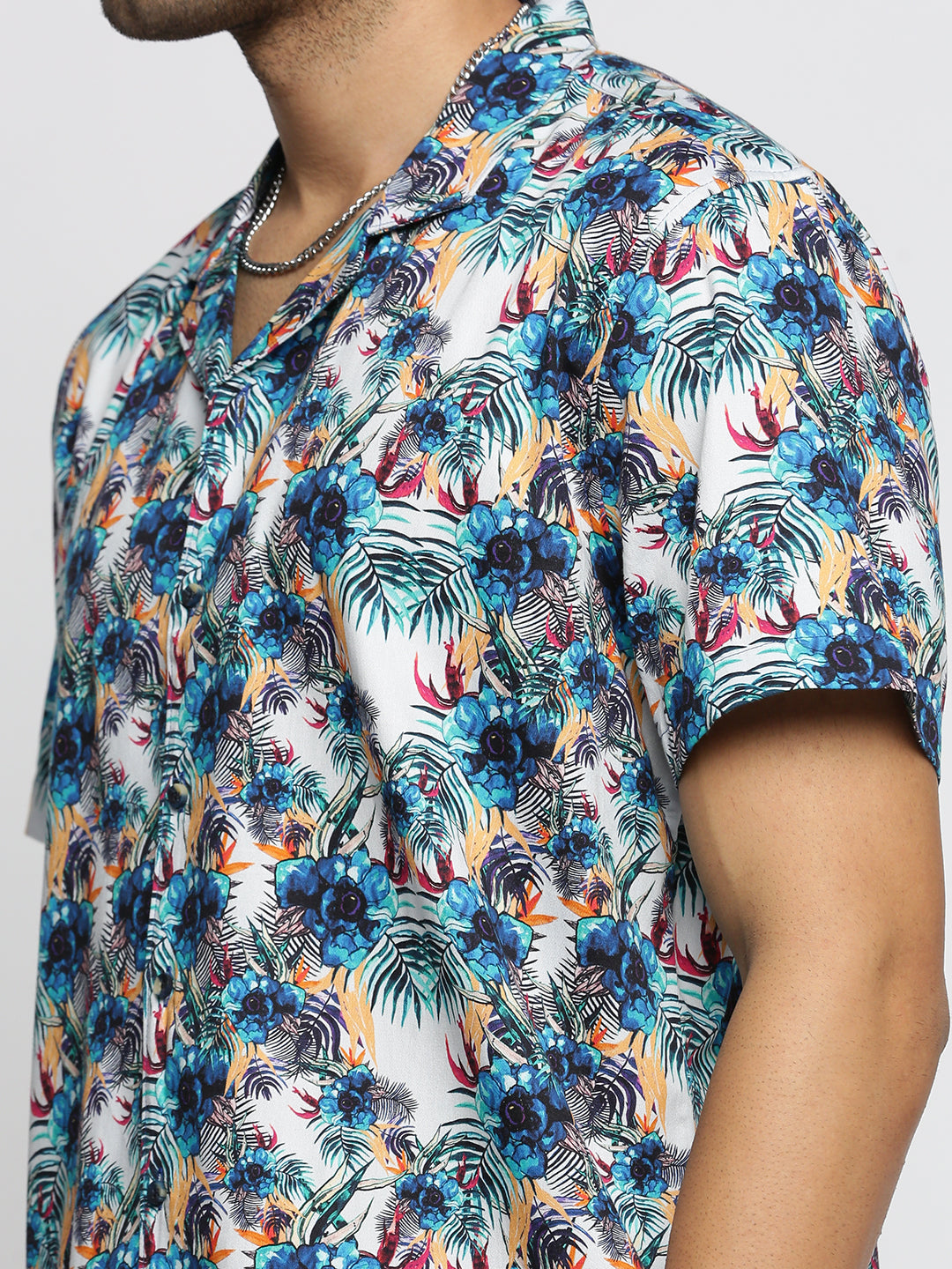 Men Blue Cuban Collar Floral Shirt