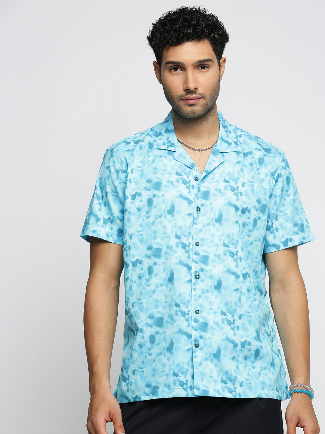 Men Blue Cuban Collar Abstract Shirt