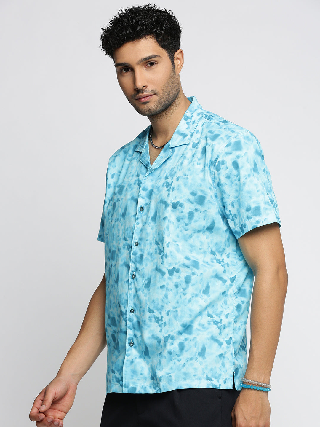 Men Blue Cuban Collar Abstract Shirt