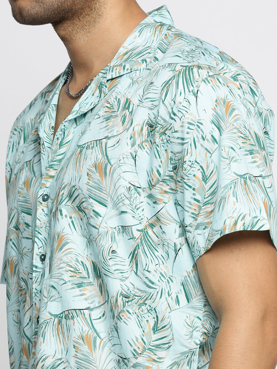 Men Sea Green Cuban Collar Floral Shirt
