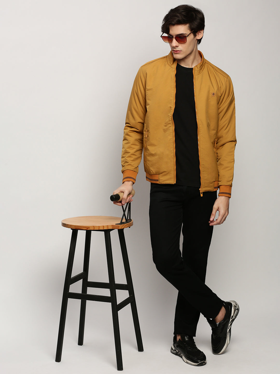 Men Yellow Solid Casual Bomber Jackets