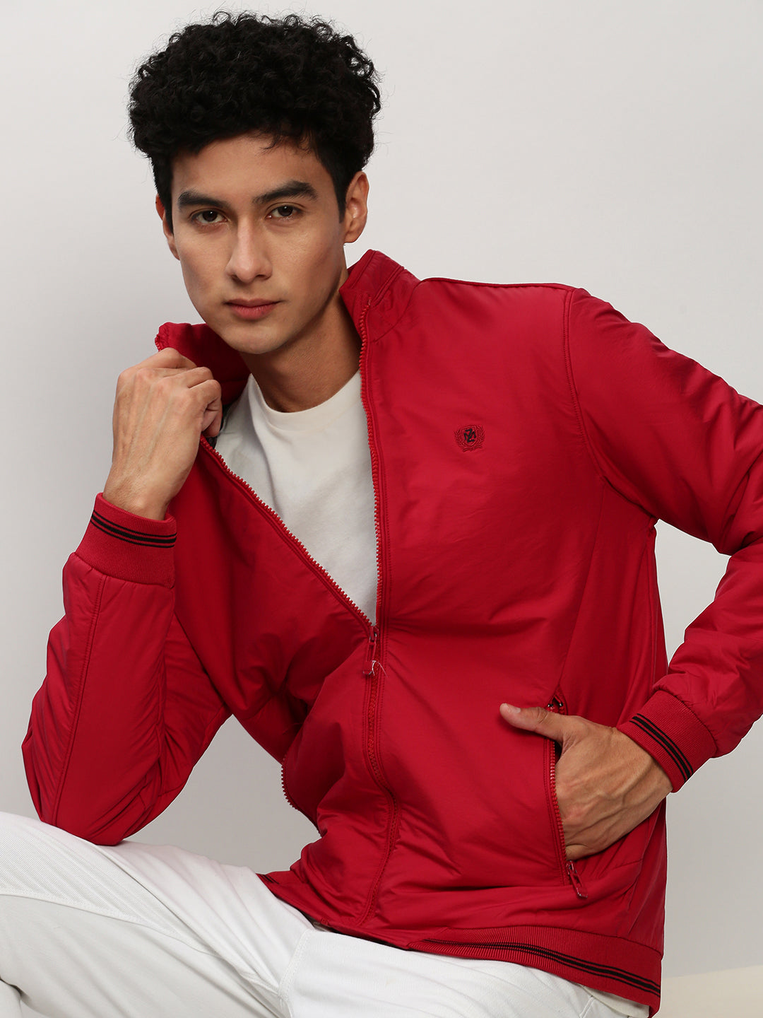 Men Red Solid Casual Bomber Jackets