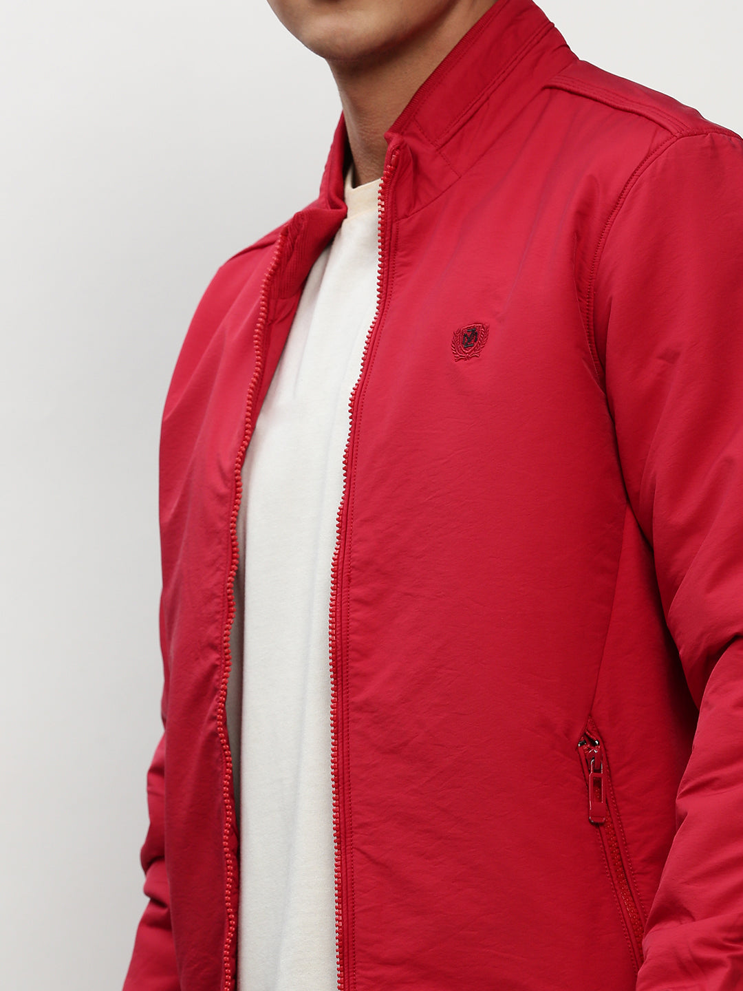 Men Red Solid Casual Bomber Jackets