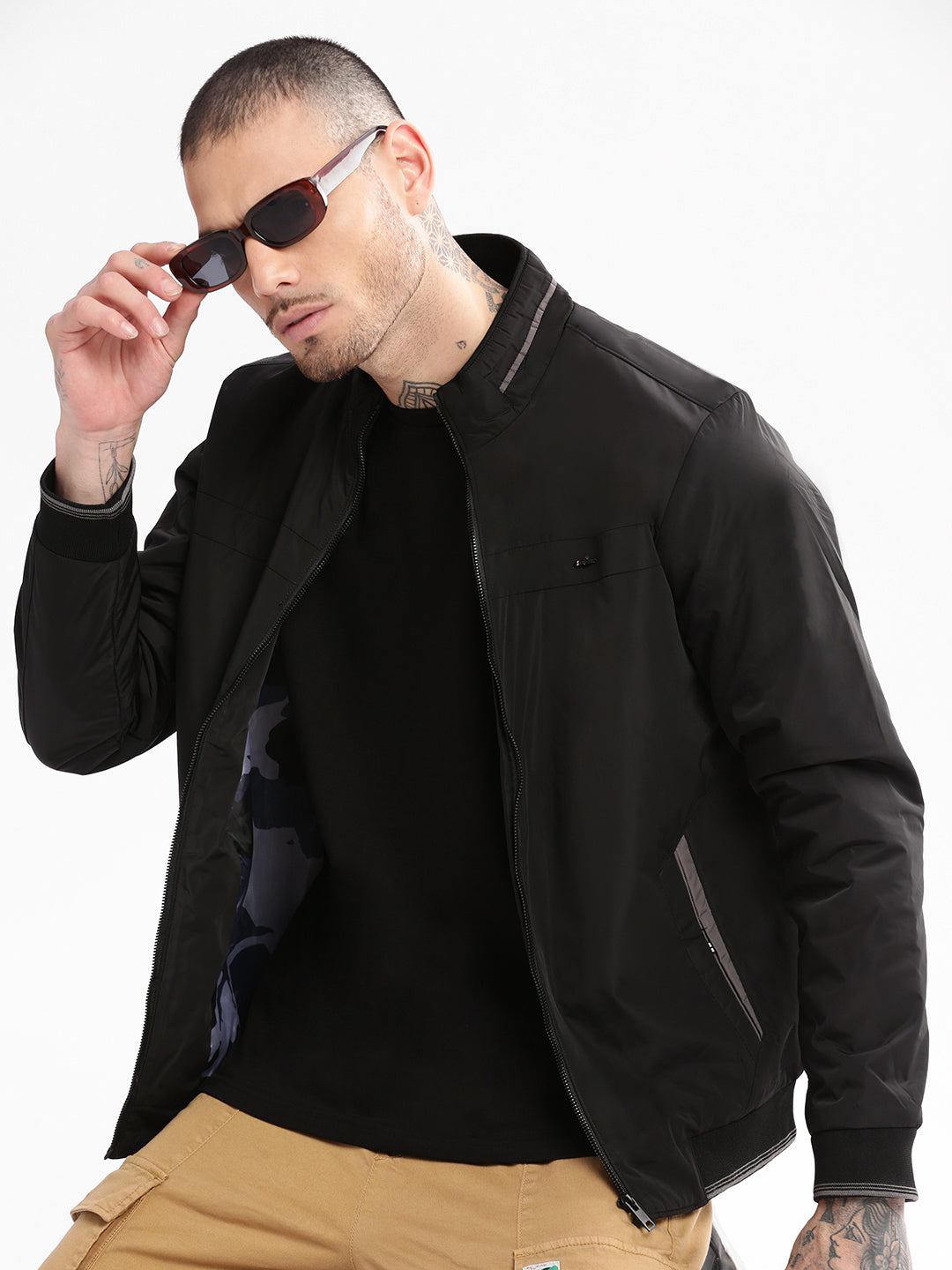 Men Mock Collar Black Solid Bomber Jacket