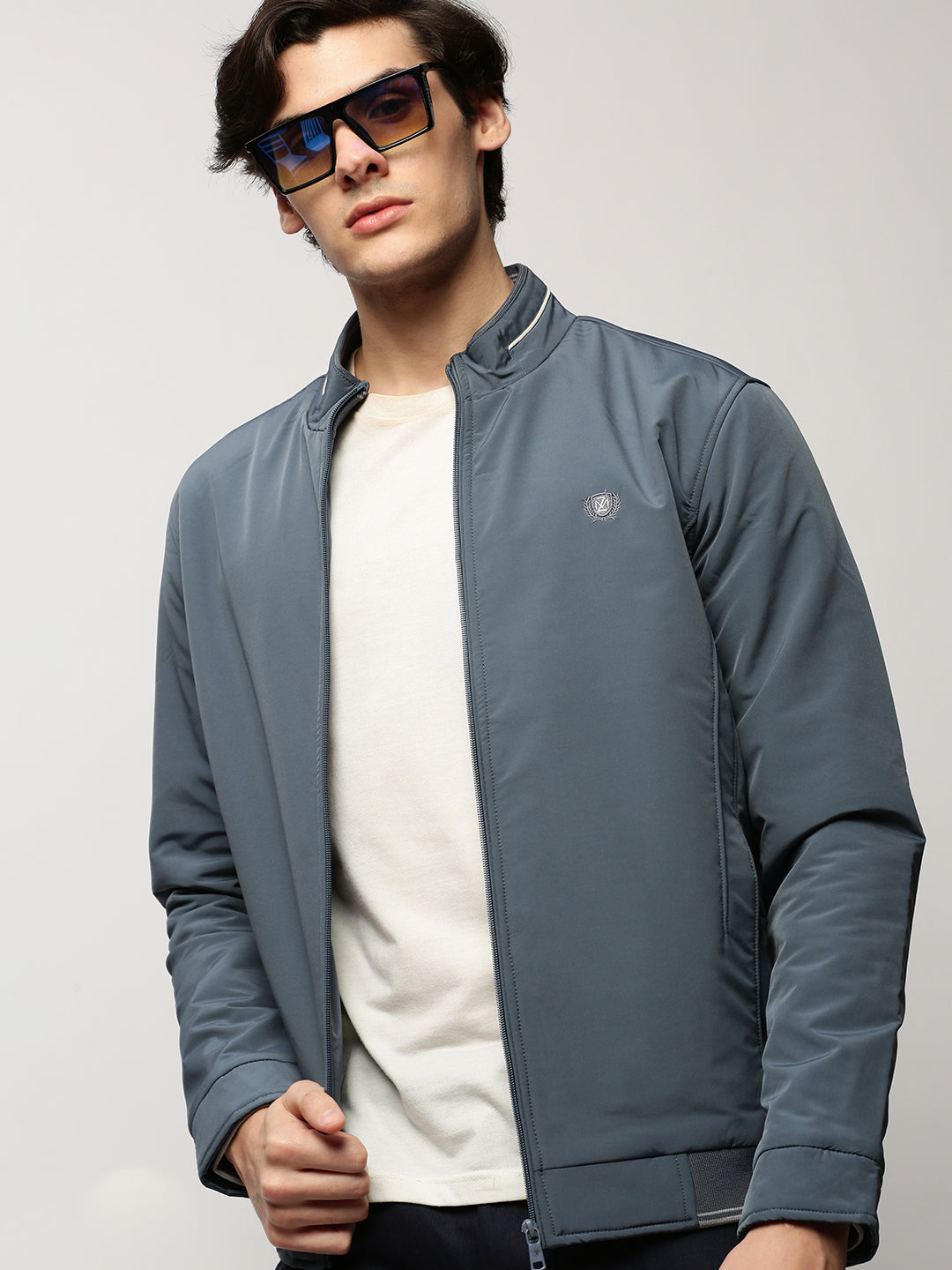 Men Blue Solid Casual Bomber Jackets