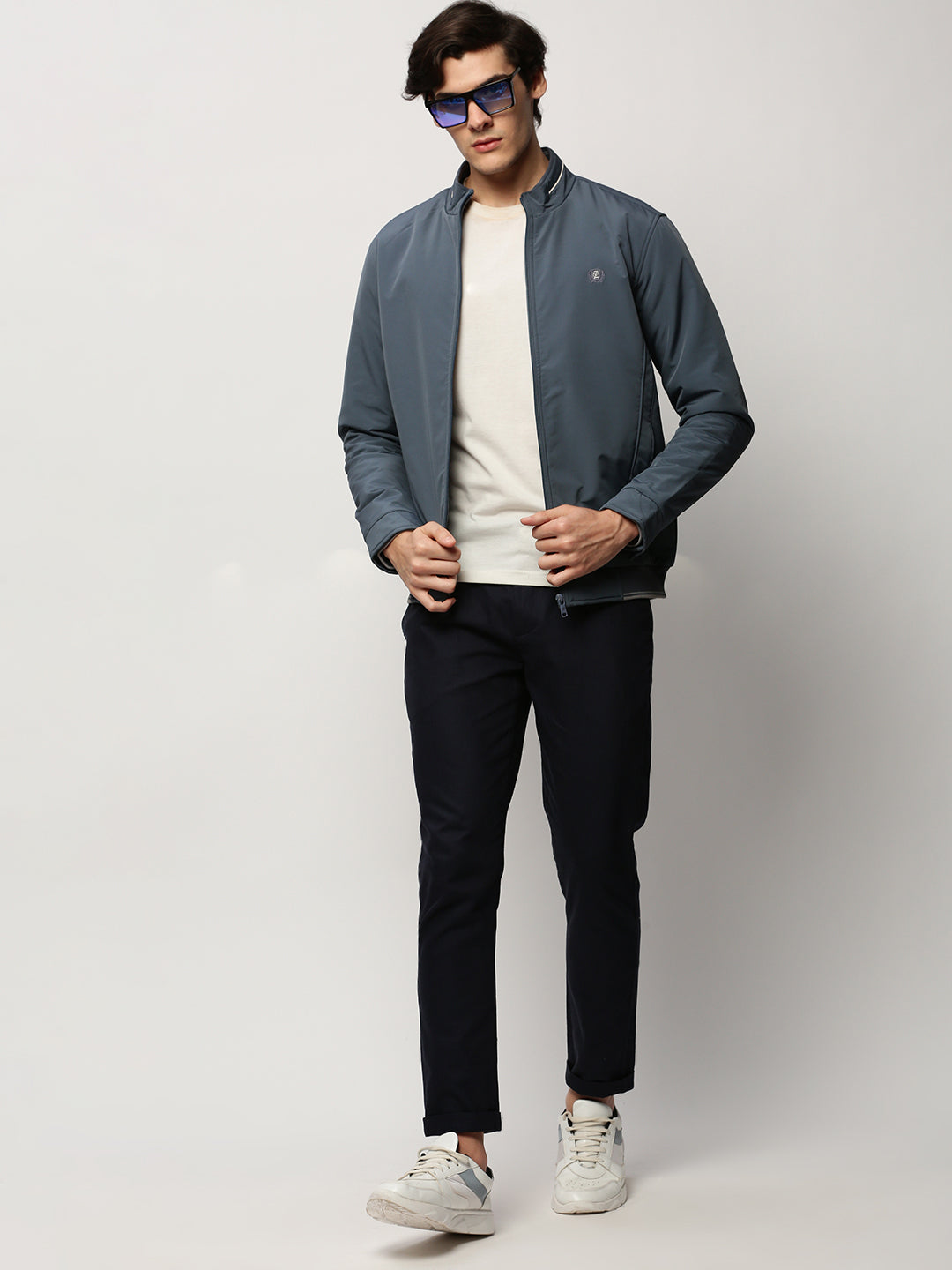 Men Blue Solid Casual Bomber Jackets