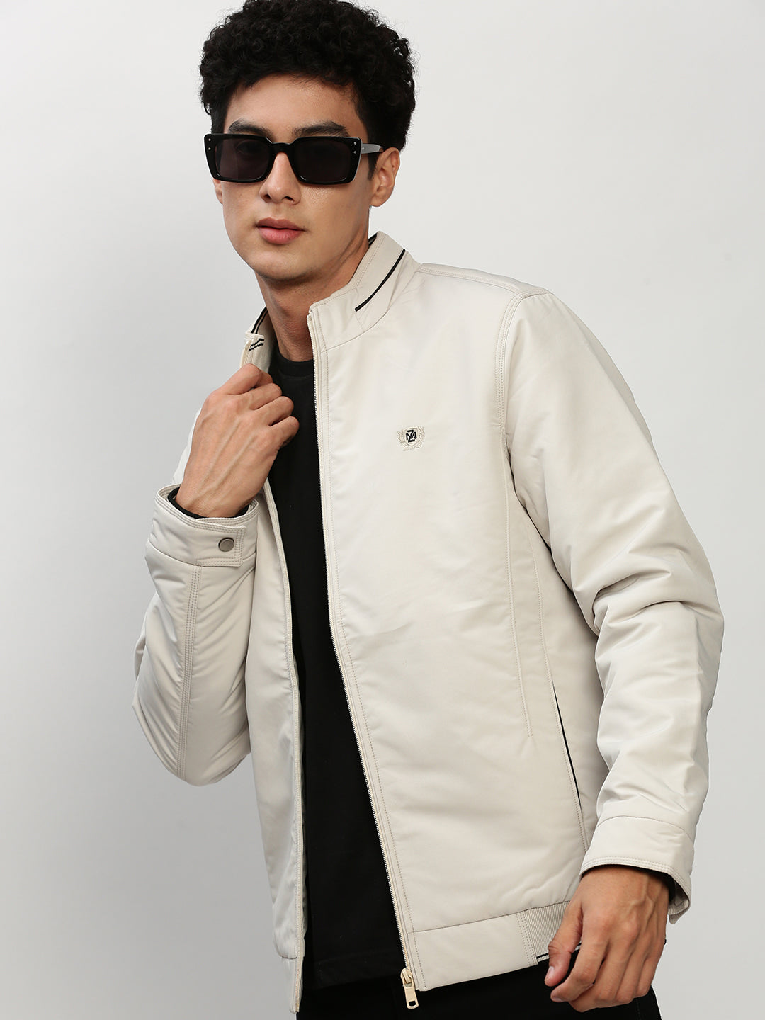 Men Cream Solid Casual Bomber Jackets
