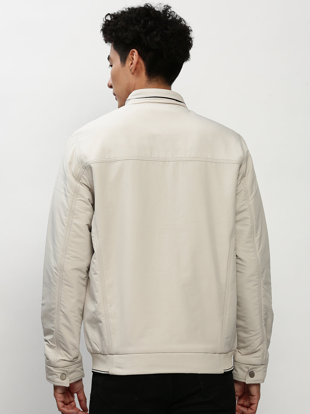 Men Cream Solid Casual Bomber Jackets