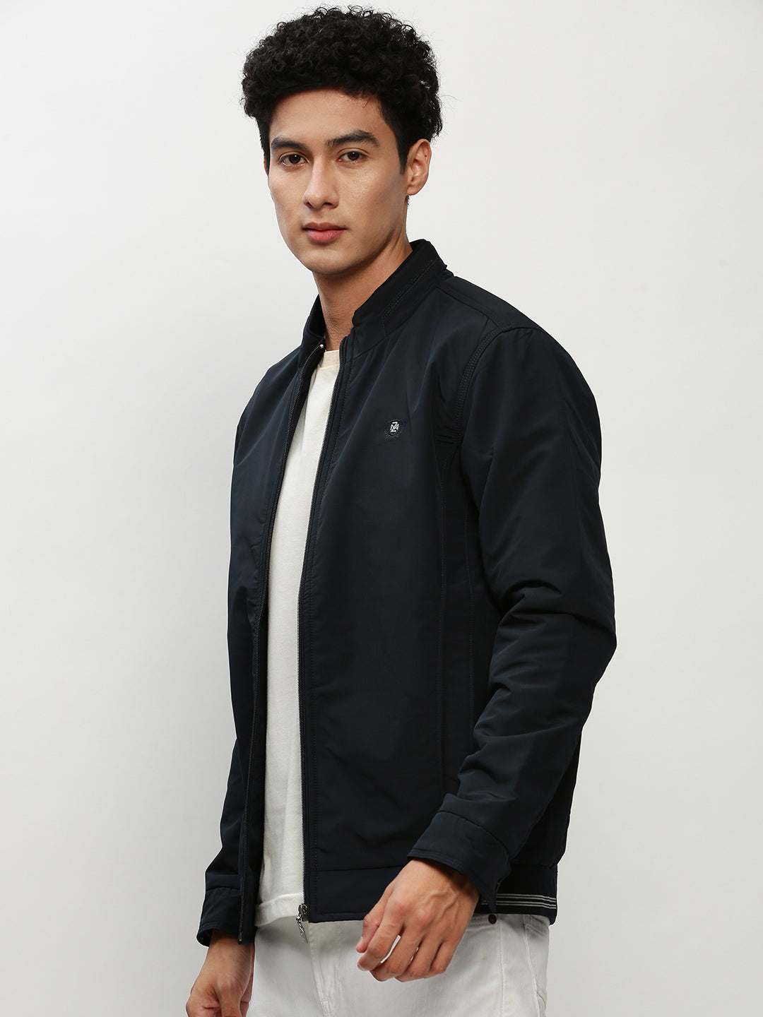 Men Navy Solid Casual Bomber Jackets