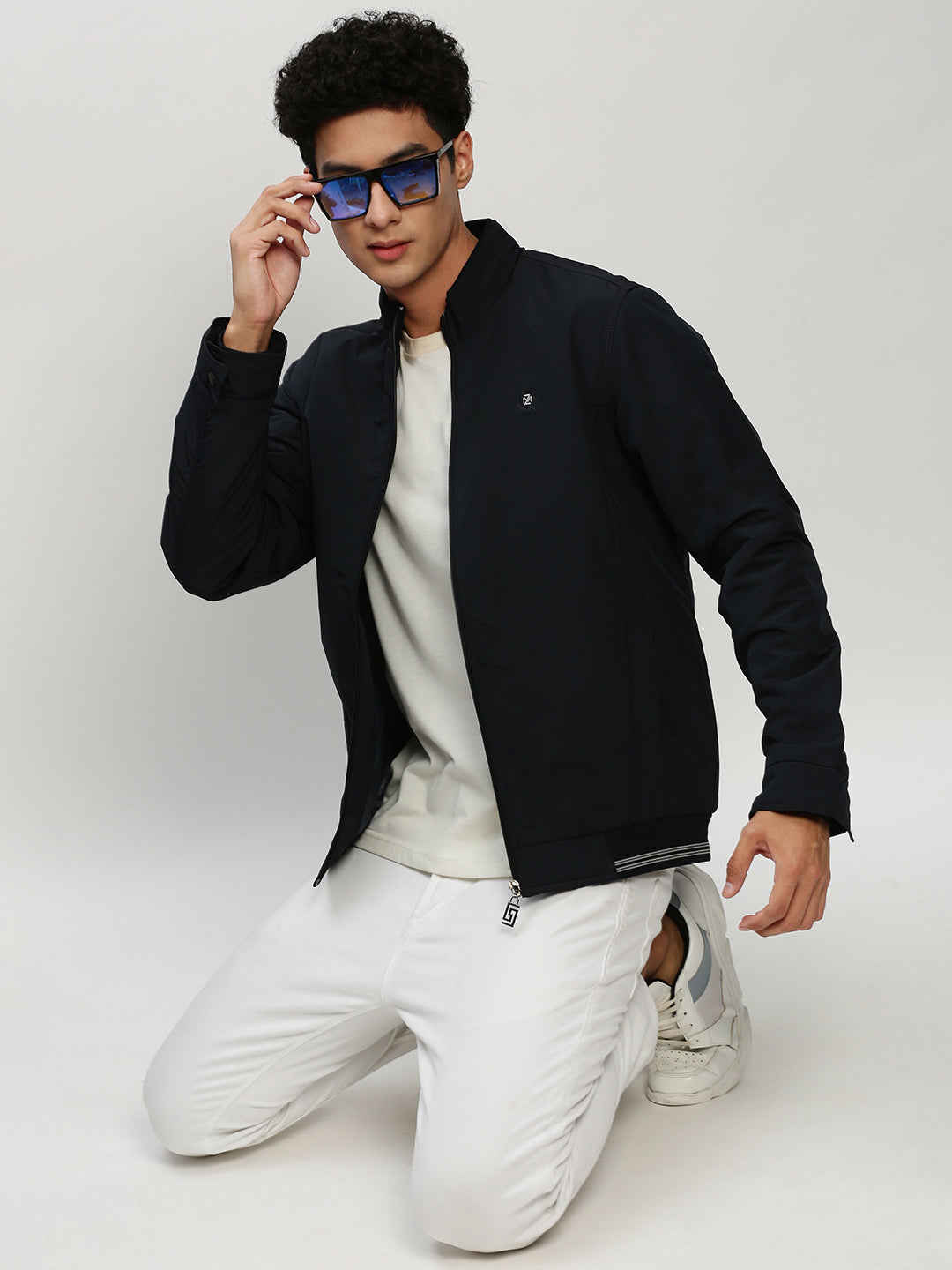 Men Navy Solid Casual Bomber Jackets