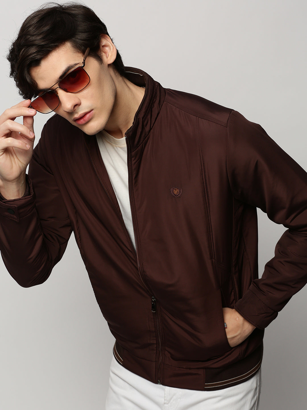 Men Brown Solid Casual Bomber Jackets
