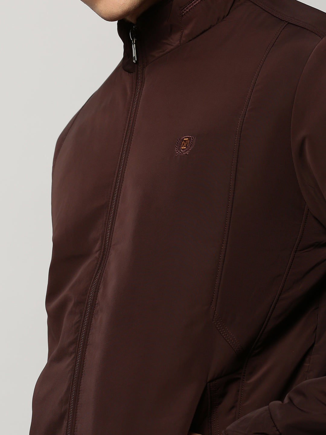 Men Brown Solid Casual Bomber Jackets