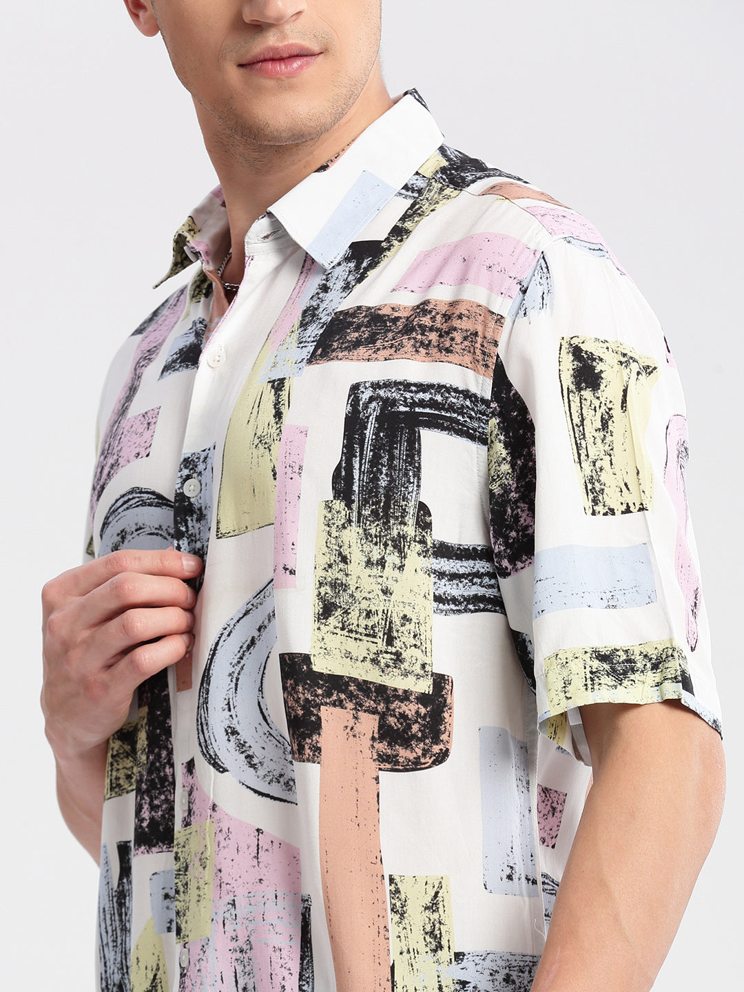 Men Spread Collar Typography Off White Casual Shirt