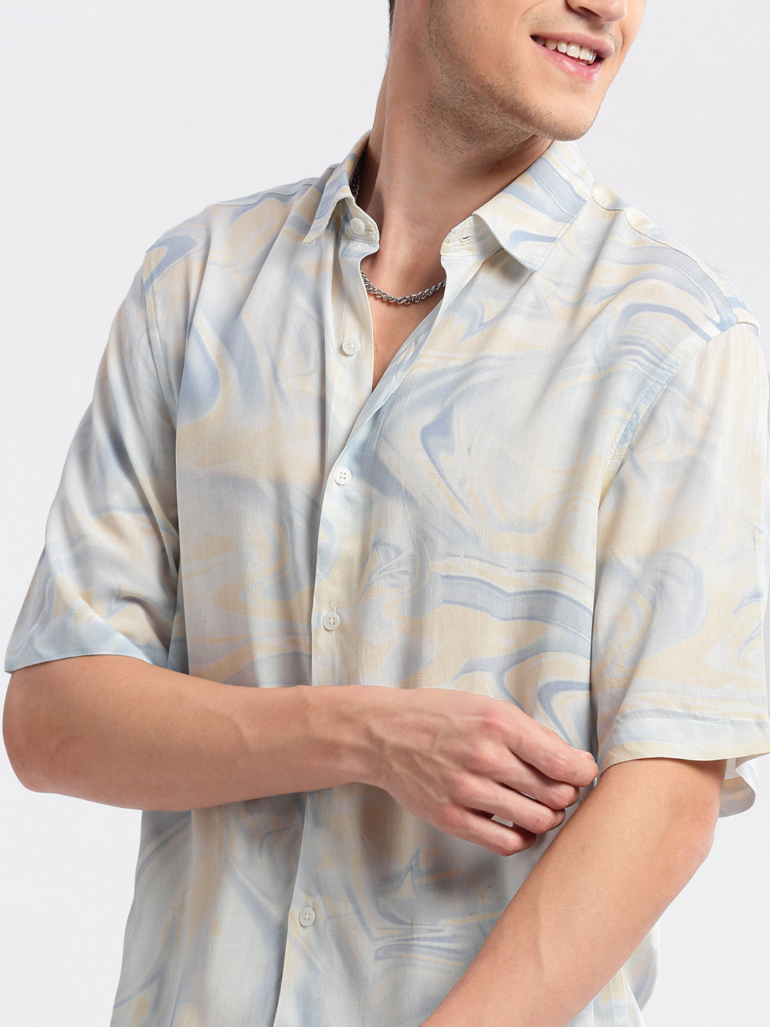 Men Spread Collar Abstract Cream Casual Shirt